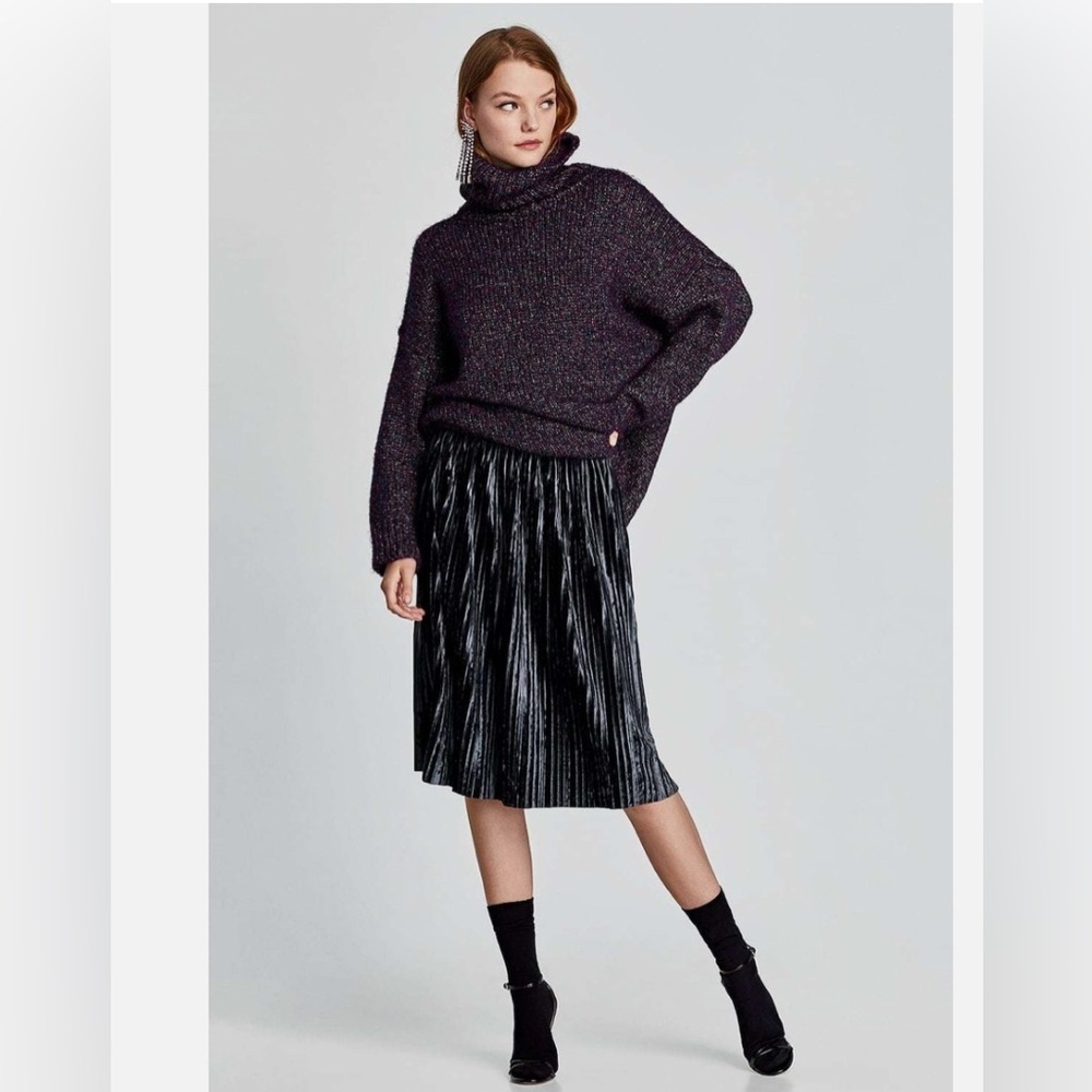 Zara velvet midnight blue classic midi a line holiday party elastic waist skirt